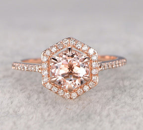 Reserved for AAA Semi Mount Cathedral Ring Diamond Hexagon Halo 14K Rose Gold 8mm Round - Lord of Gem Rings