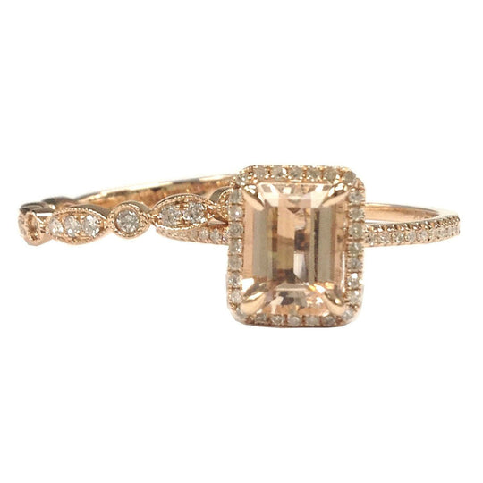 Reserved for Alisha  Emerald Cut Morganite Ring Trio Sets Diamond Art Deco Bands 14K Rose Gold