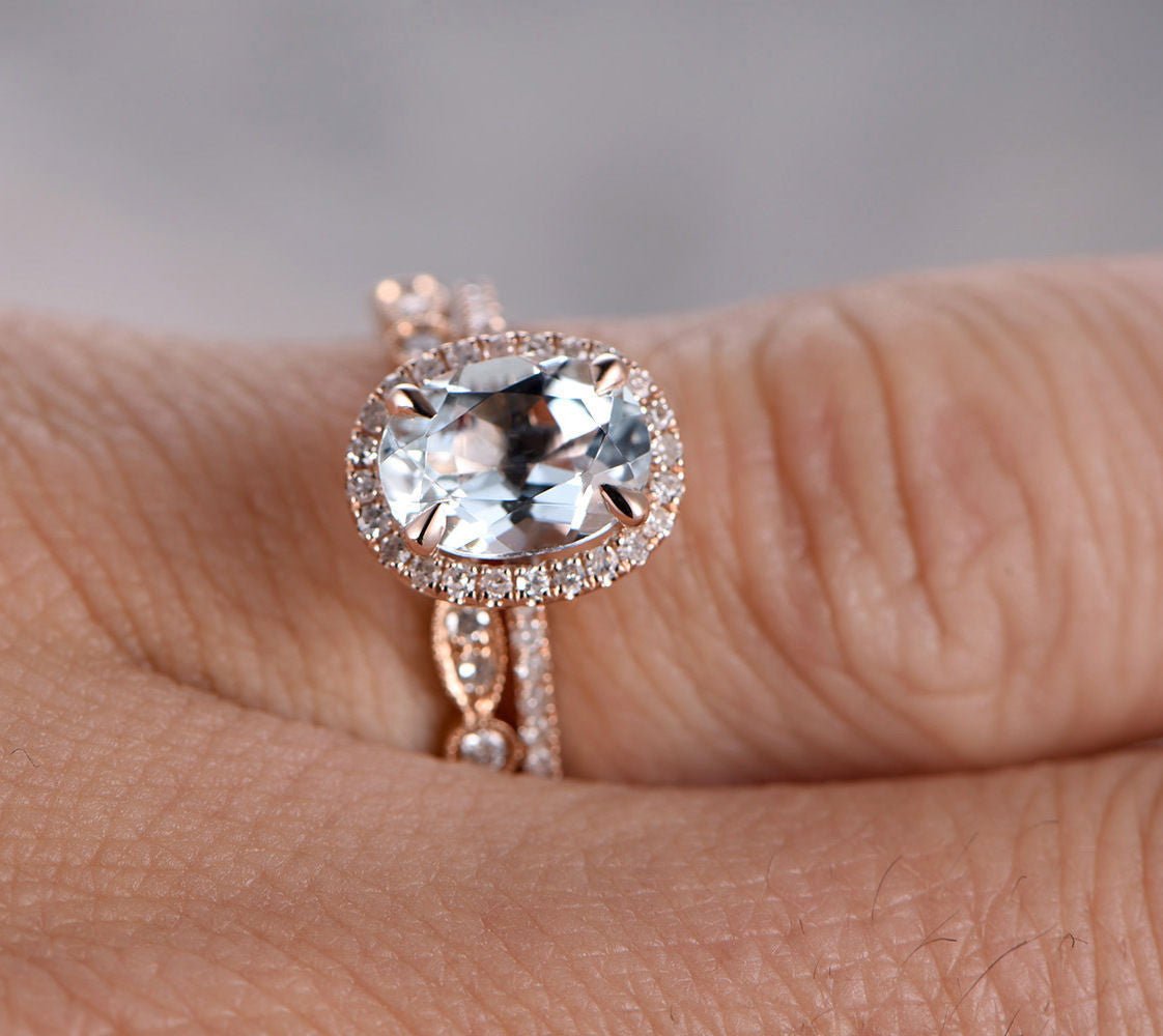Reserved for amandajanepaiz562 Oval White Topaz Ring Set 14K White Gold - Lord of Gem Rings