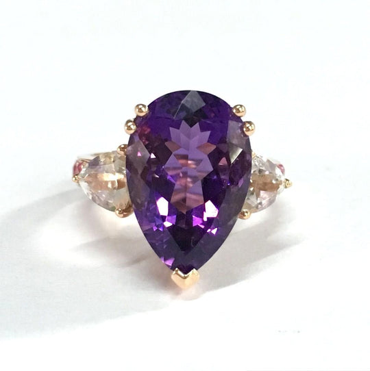 Reserved for Andile Elongated Pear amethyst and White Topaz 3-stone Ring 10x15mm