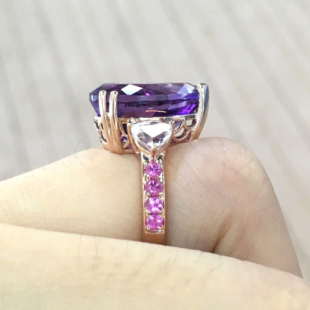 Reserved for Andile Elongated Pear amethyst and White Topaz 3-stone Ring 10x15mm - Lord of Gem Rings