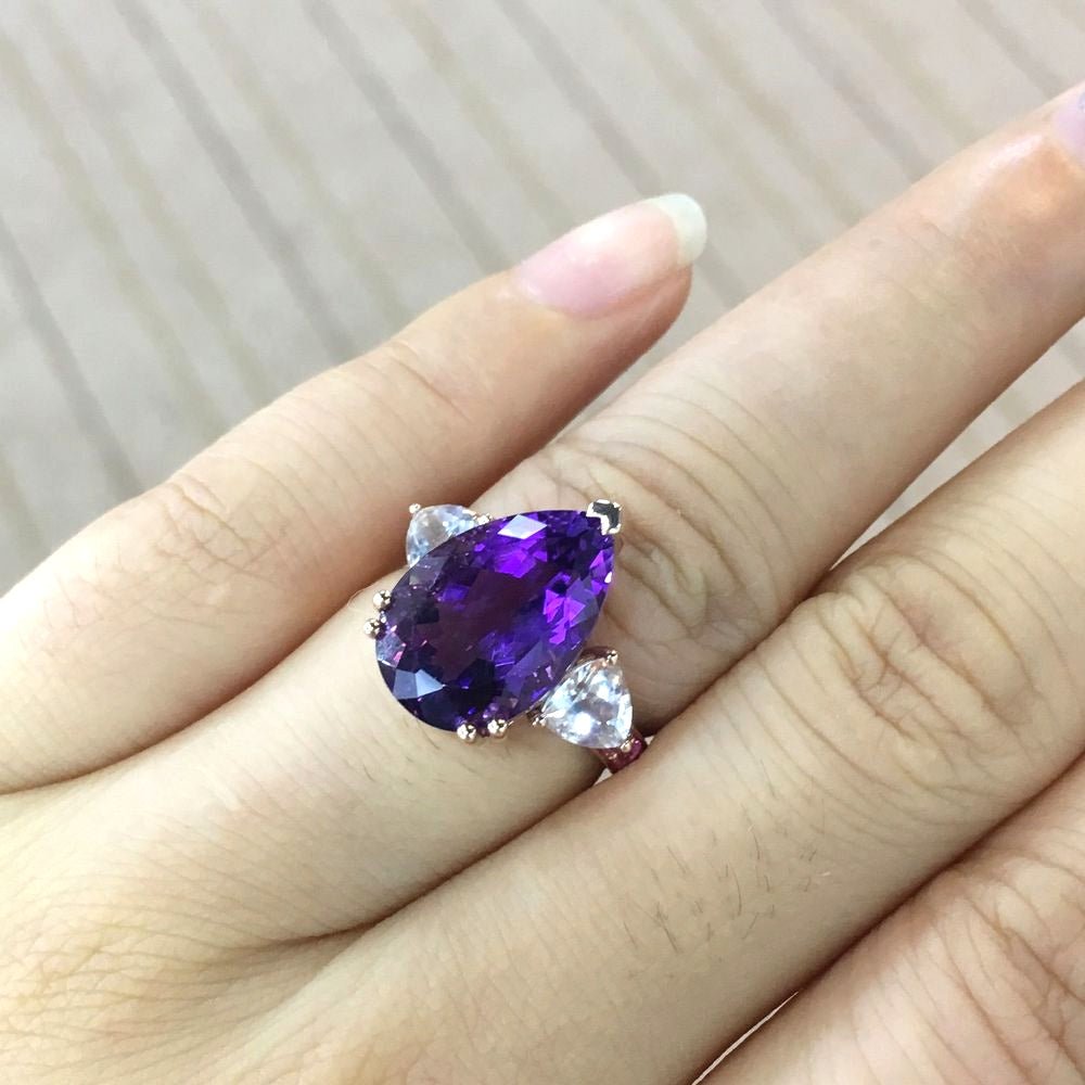 Reserved for Andile Elongated Pear amethyst and White Topaz 3-stone Ring 10x15mm - Lord of Gem Rings