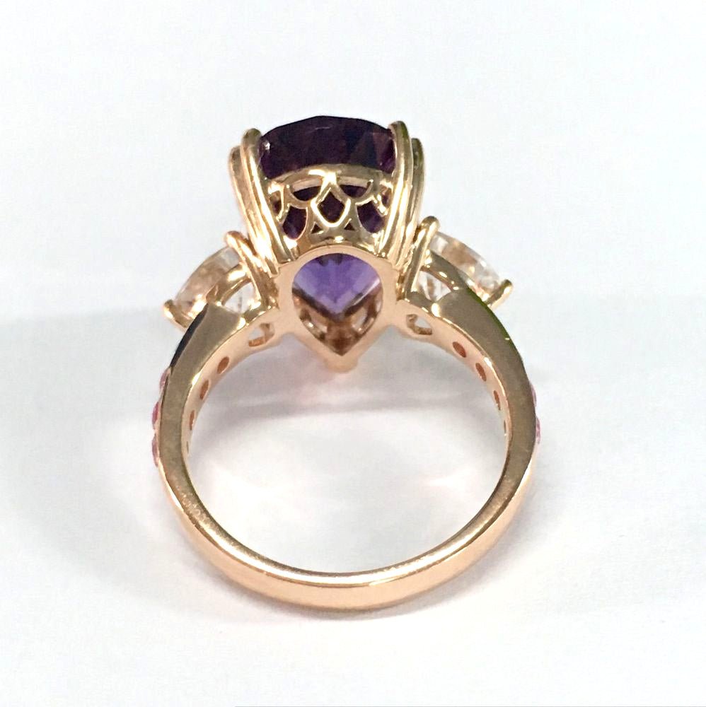 Reserved for Andile Elongated Pear amethyst and White Topaz 3-stone Ring 10x15mm - Lord of Gem Rings