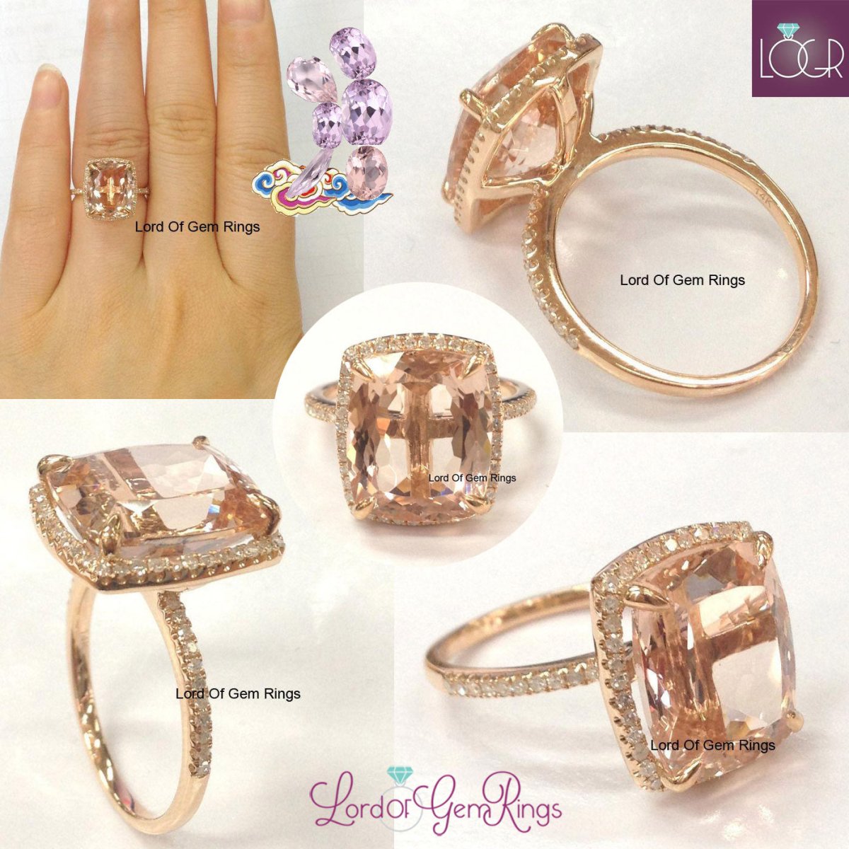 Reserved for Anna Cushion Morganite Ring Diamond 14K Rose Gold 7x9mm - Lord of Gem Rings