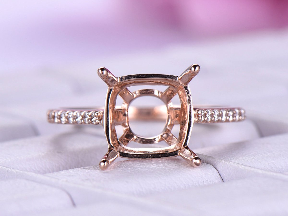 Reserved for Ashlee Custom Diamond Semi Mount Cathedra Ring 14K Rose Gold 9.5mm Cushion - Lord of Gem Rings
