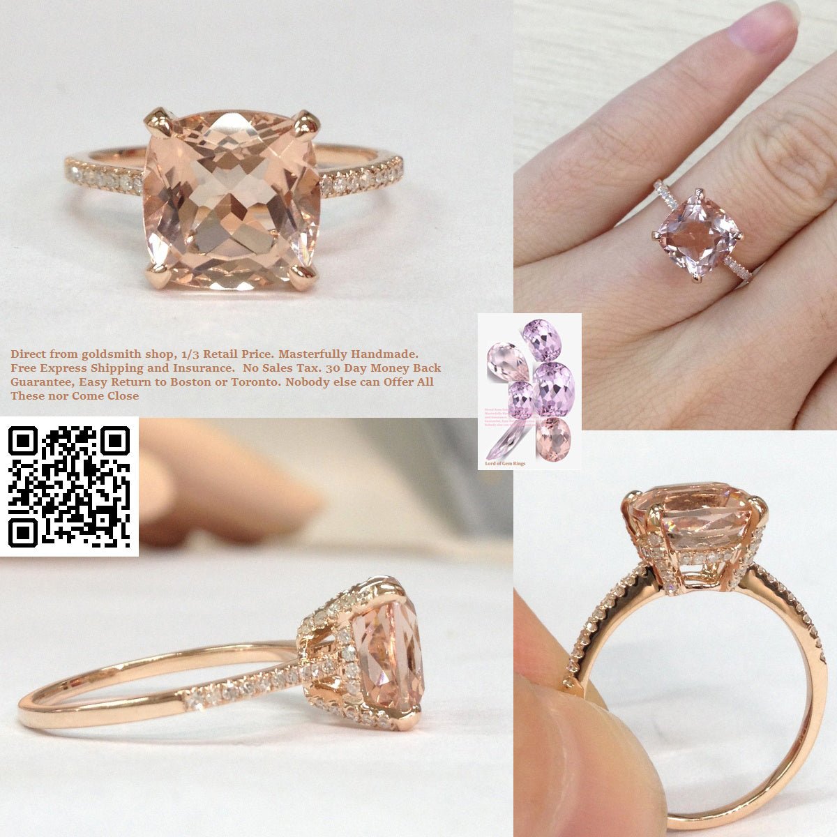 Reserved for Ashlee Custom Diamond Semi Mount Cathedra Ring 14K Rose Gold 9.5mm Cushion - Lord of Gem Rings