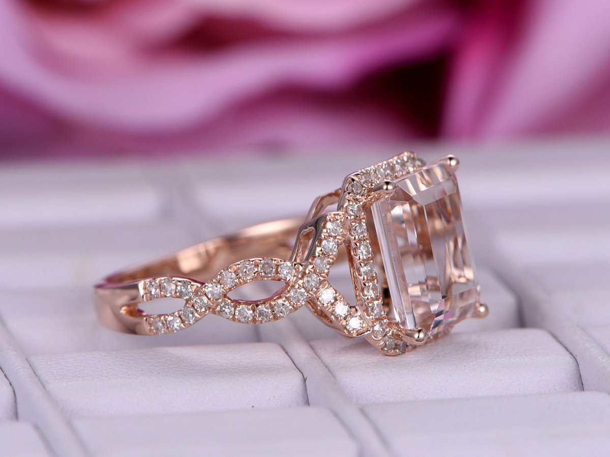 Reserved for Ashley: 7x9mm Emerald Cut Morganite Infinite Love Ring with Diamond Halo Forever together ring guards - Lord of Gem Rings