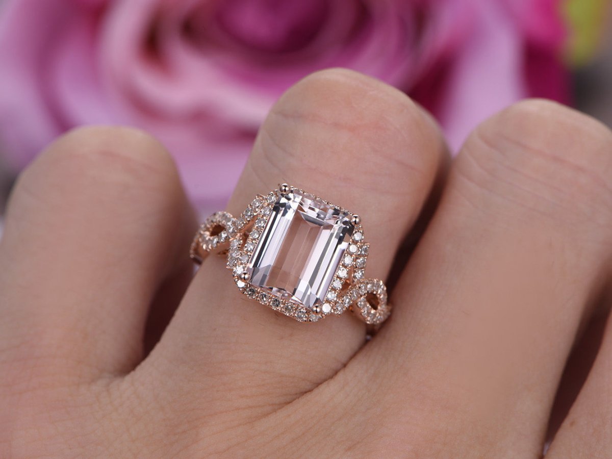 Reserved for Ashley: 7x9mm Emerald Cut Morganite Infinite Love Ring with Diamond Halo Forever together ring guards - Lord of Gem Rings
