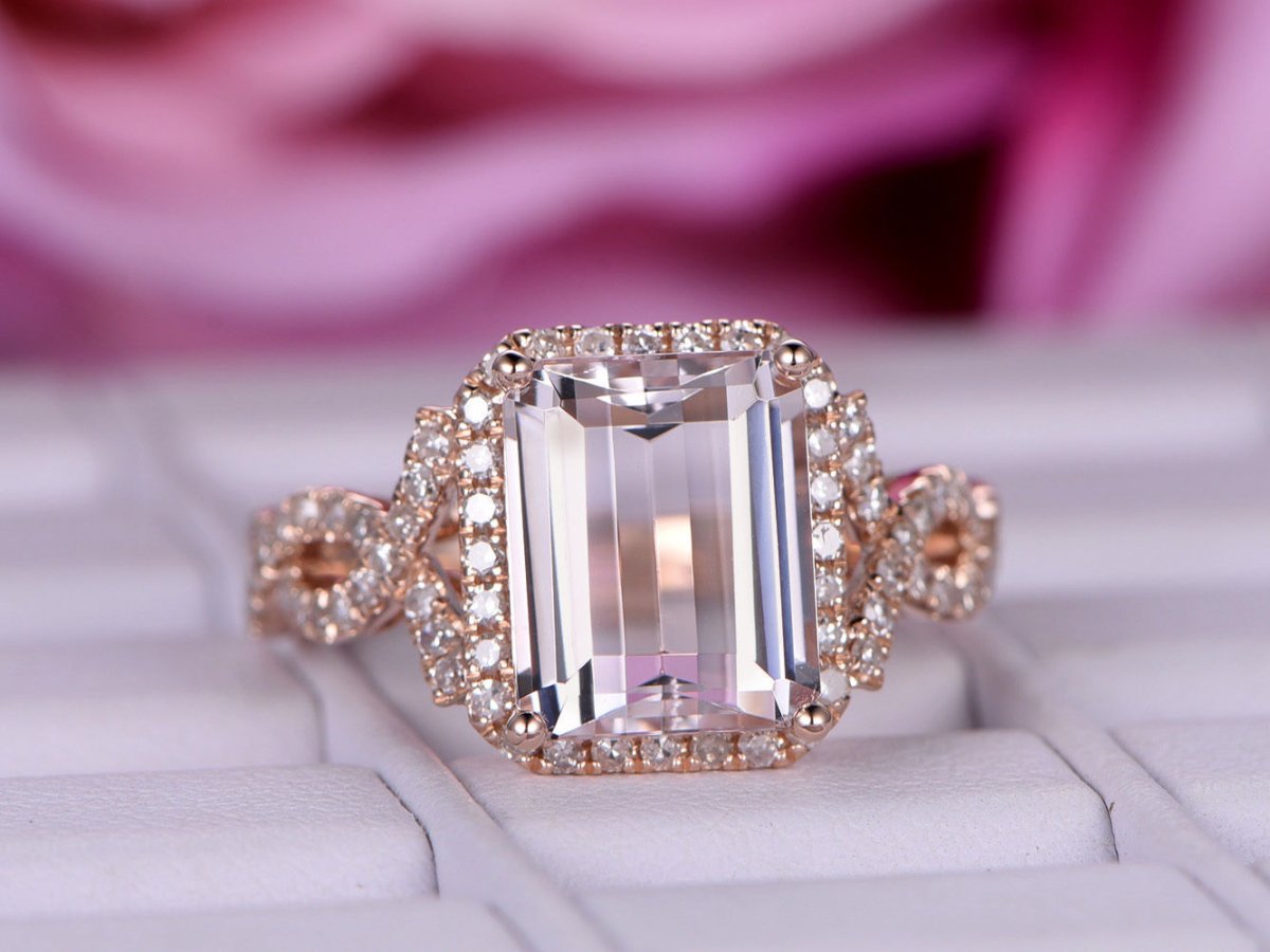 Reserved for Ashley: 7x9mm Emerald Cut Morganite Infinite Love Ring with Diamond Halo Forever together ring guards - Lord of Gem Rings