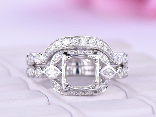 Reserved for Audrey Diamond Floral Shank  Semi Mount Ring Set 14K White  Gold Cushion