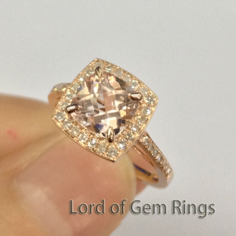 Reserved for bargainhunterhero82 Custom Pink Princess Morganite Engagement Ring Pave Diamond Halo Cathedral - Lord of Gem Rings