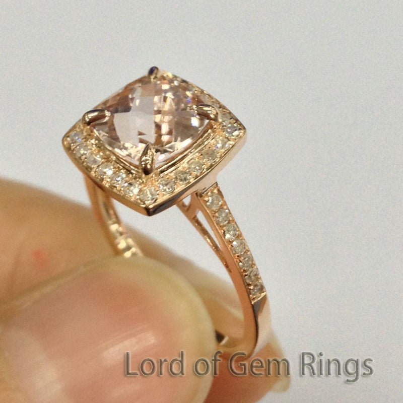 Reserved for bargainhunterhero82 Custom Pink Princess Morganite Engagement Ring Pave Diamond Halo Cathedral - Lord of Gem Rings