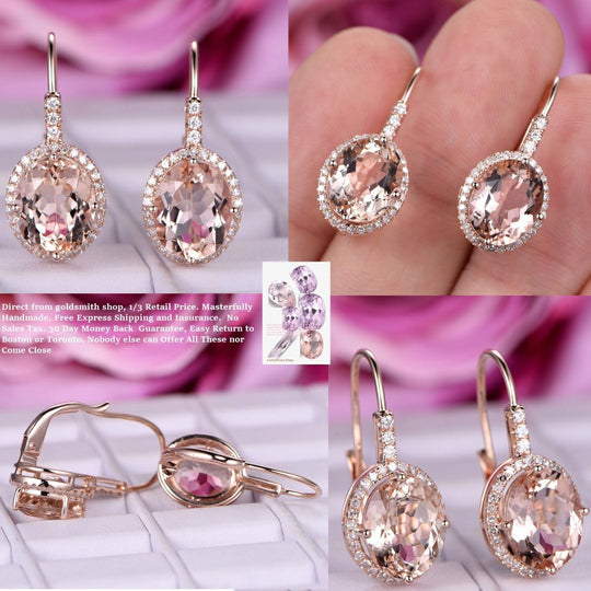 Reserved for Boris  Oval Morganite Leverback Earrings Pave Diamond Halo 14K Rose gold 8x10mm