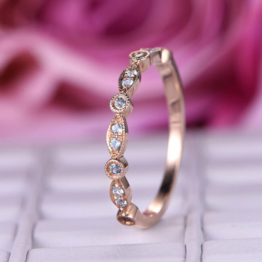 Reserved for Cara Alternating Blue Topaz Moissanite  Half Eternity Band Art Deco 14K Rose Gold
