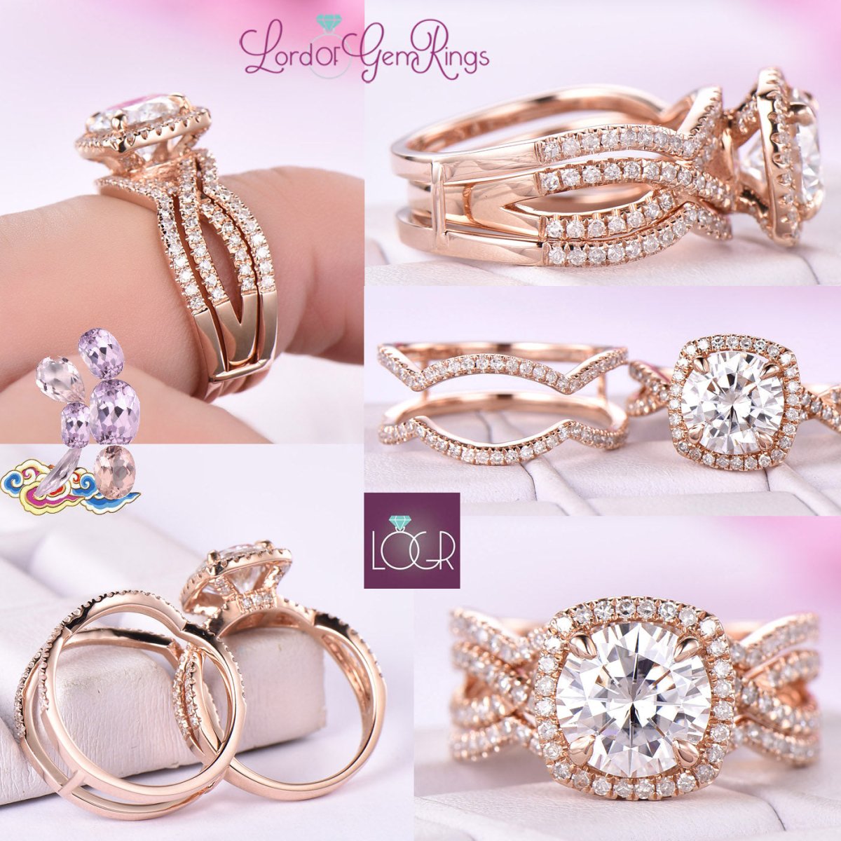 Reserved for Cassie- Round Morganite Ring Set Diamond Infinite Love Ring Guard 14K Rose Gold 7.5mm - Lord of Gem Rings
