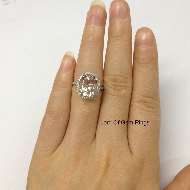 Reserved for Ceara Oval Morganite Engagement Ring Pave Diamond Halo 14K White Gold 8x12mm - Lord of Gem Rings