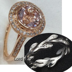 Reserved for Chris - 8mm Bezel Round Morganite Engagement Ring & Vine Pave Diamond Wedding 14K White Gold - Lord of Gem Rings