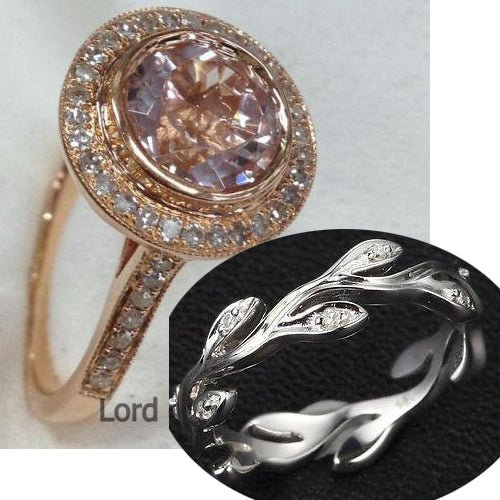 Reserved for Chris - 8mm Bezel Round Morganite Engagement Ring & Vine Pave Diamond Wedding 14K White Gold - Lord of Gem Rings