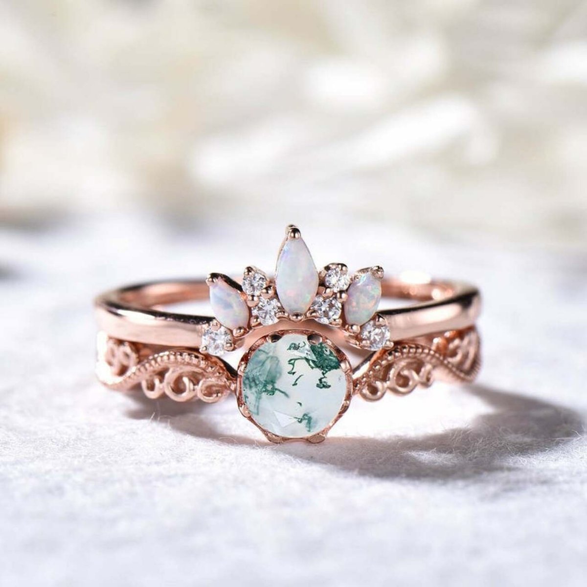 Reserved for Collin - Vintage Milgrain Round Purple Lab Sapphire Diamond Opal Tiara Wedding Ring Set - Lord of Gem Rings