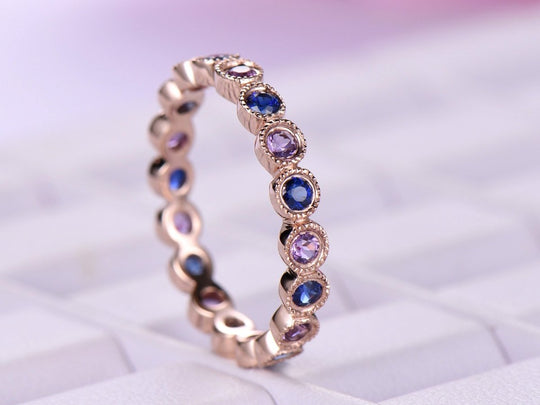 Reserved for Cristi  Bezel Blue Sapphire/Amethyst Half Eternity Anniversary Ring 14K Rose Gold