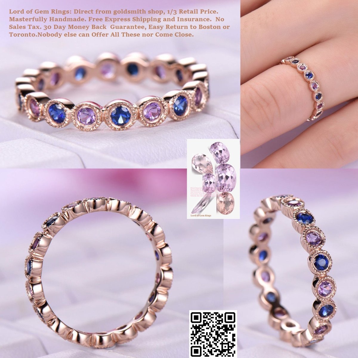 Reserved for Cristi Bezel Blue Sapphire/Amethyst Half Eternity Anniversary Ring 14K Rose Gold - Lord of Gem Rings
