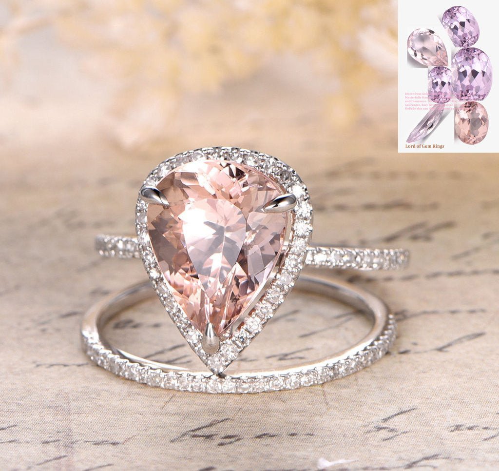 Reserved for cshelburn Custom Pear Morganite Engagement Ring Bridal 14K White Gold - Lord of Gem Rings