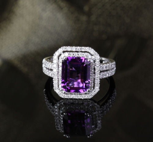 Reserved for Curtis Emerald Cut Amethyst Ring Sets Diamond double Halo Split Shank 14k White Gold 8x10mm - Lord of Gem Rings