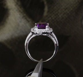 Reserved for Curtis Emerald Cut Amethyst Ring Sets Diamond double Halo Split Shank 14k White Gold 8x10mm - Lord of Gem Rings