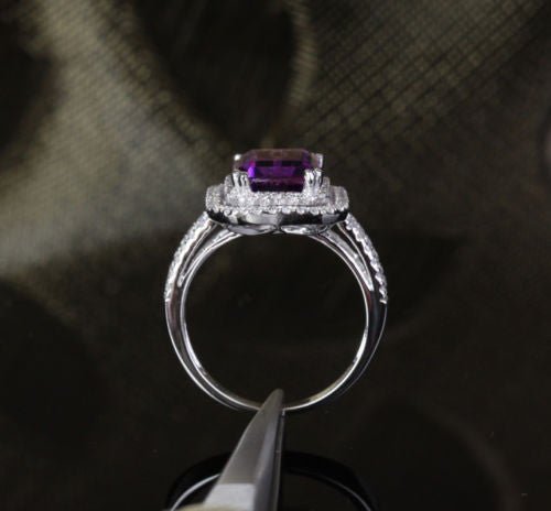 Reserved for Curtis Emerald Cut Amethyst Ring Sets Diamond double Halo Split Shank 14k White Gold 8x10mm - Lord of Gem Rings