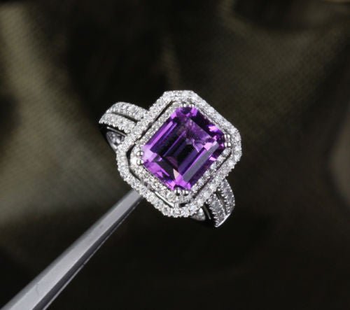 Reserved for Curtis Emerald Cut Amethyst Ring Sets  Diamond double Halo Split Shank 14k White Gold 8x10mm