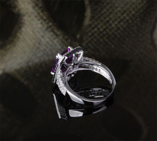 Reserved for Curtis Emerald Cut Amethyst Ring Sets Diamond double Halo Split Shank 14k White Gold 8x10mm - Lord of Gem Rings