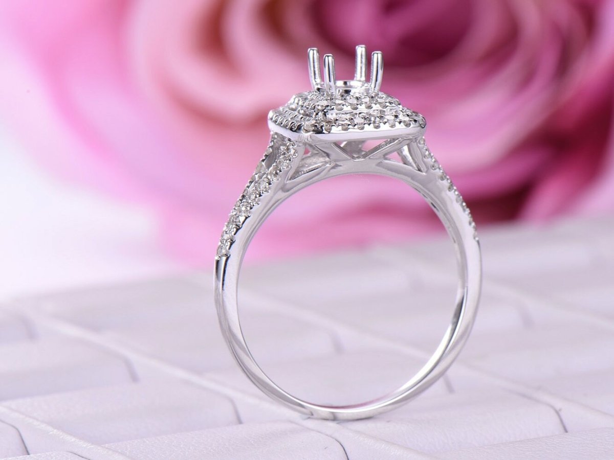 Reserved for David Diamond Semi Mount Ring 14k White Gold Split shank tilted double halo - Lord of Gem Rings