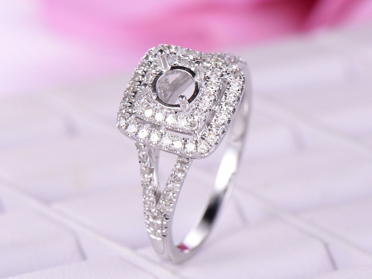 Reserved for David Diamond Semi Mount Ring 14k White Gold Split shank tilted double halo - Lord of Gem Rings