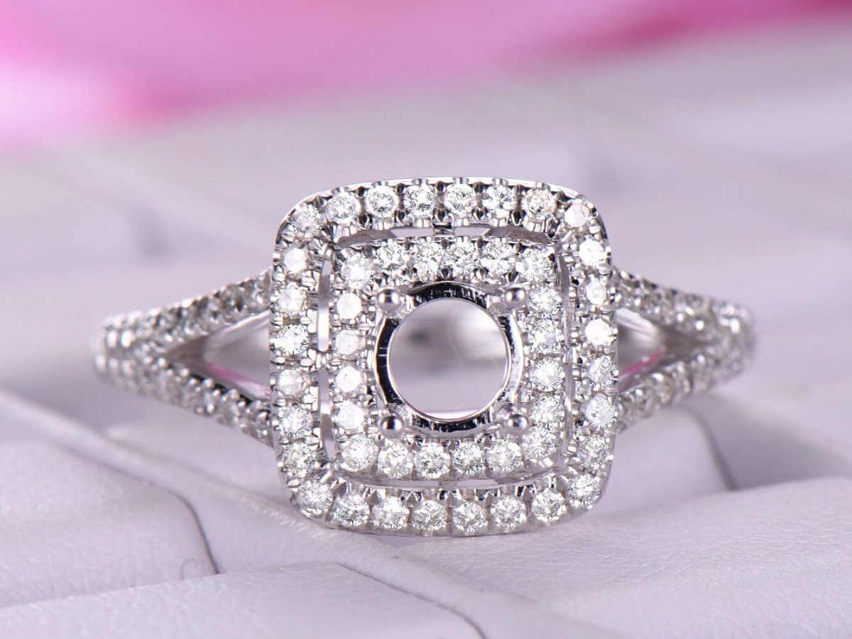 Reserved for David Diamond Semi Mount Ring 14k White Gold Split shank tilted double halo - Lord of Gem Rings