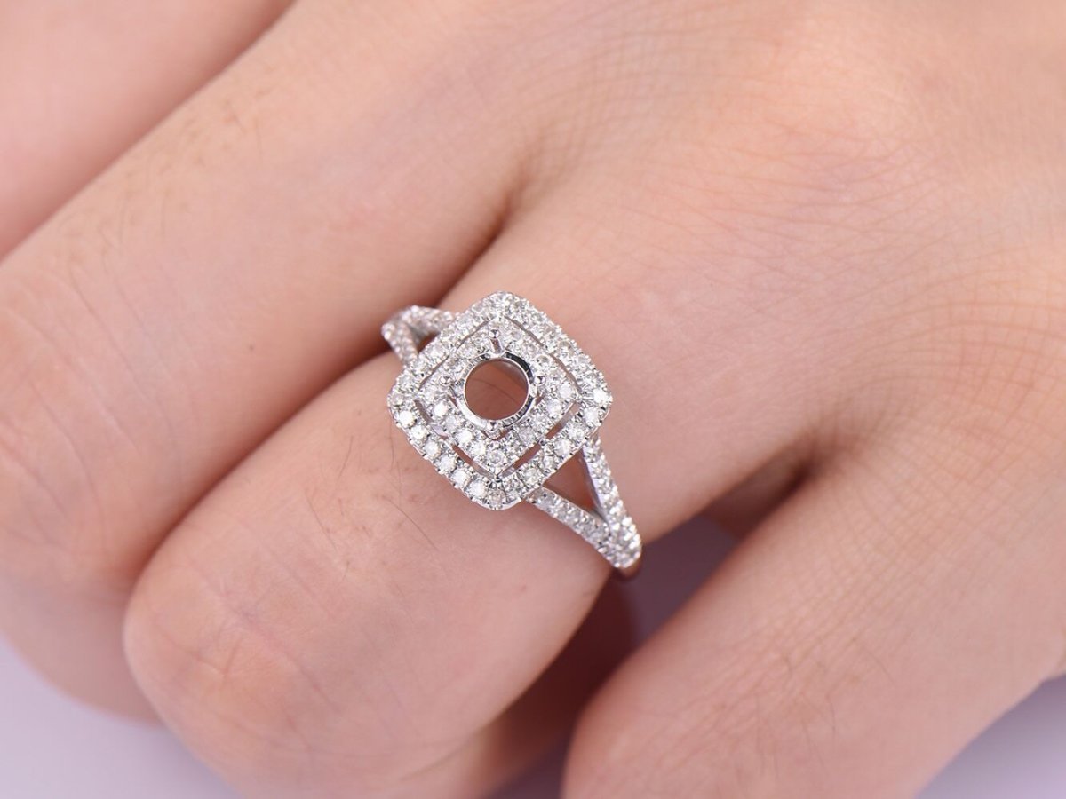 Reserved for David Diamond Semi Mount Ring 14k White Gold Split shank tilted double halo - Lord of Gem Rings