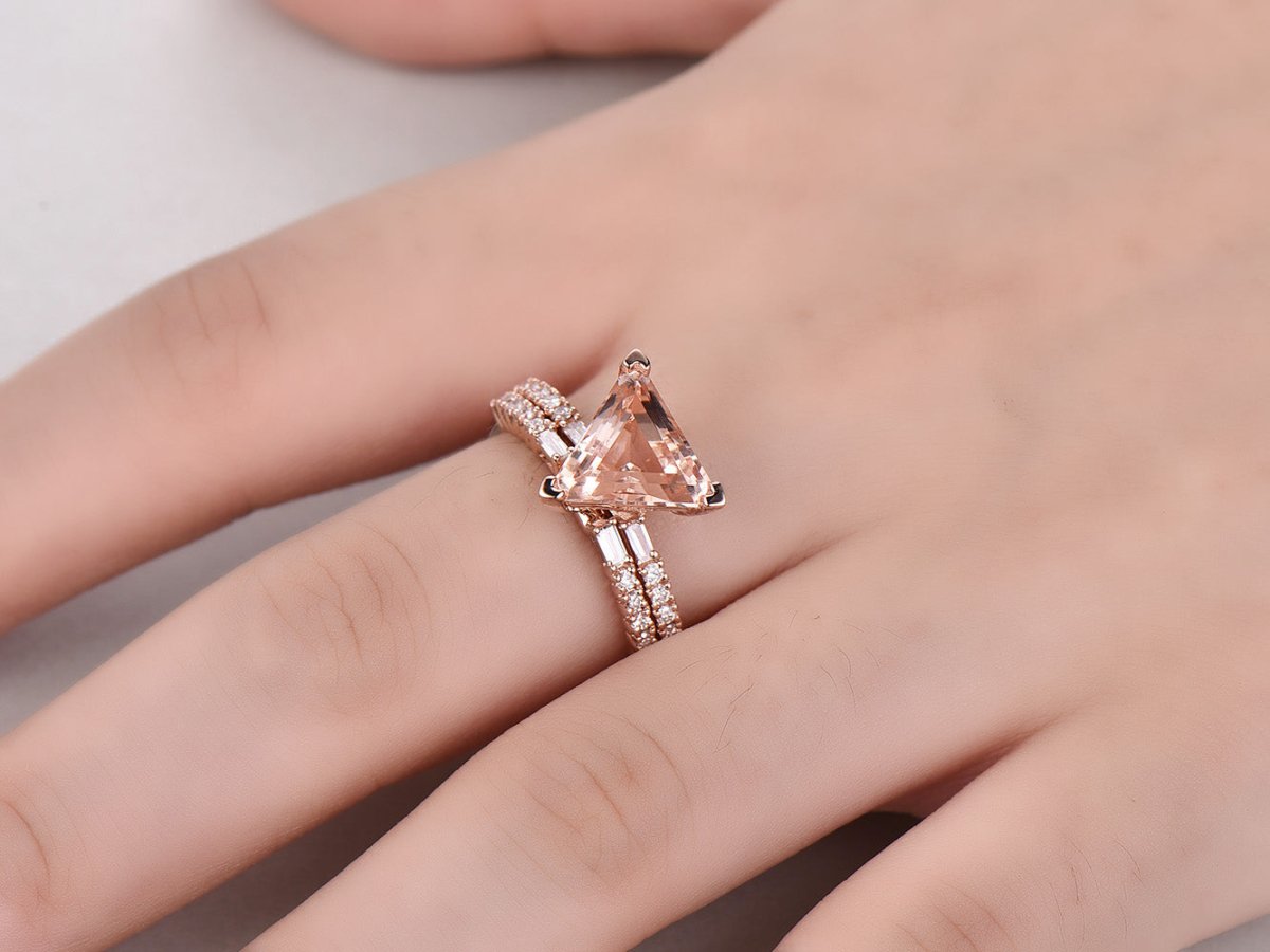 Reserved for Dulcinel Trillion Morganite Ring Bridal Sets Baguette Diamond Euro Shank 14K Rose Gold 9mm - Lord of Gem Rings