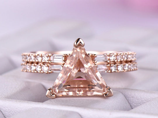Reserved for Dulcinel Trillion Morganite Ring Bridal Sets Baguette Diamond Euro Shank 14K Rose Gold 9mm