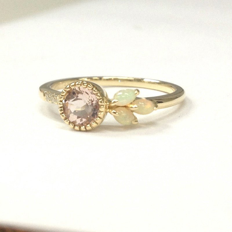 Reserved for Elaine, Morganite & opal Ring 14K Yellow Gold - Lord of Gem Rings