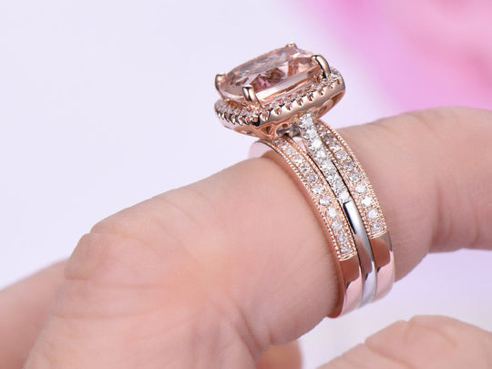 Reserved for Emily Cushion Morganite Engagement Cathedral Ring Trio Sets 14K White/Rose Gold 9mm