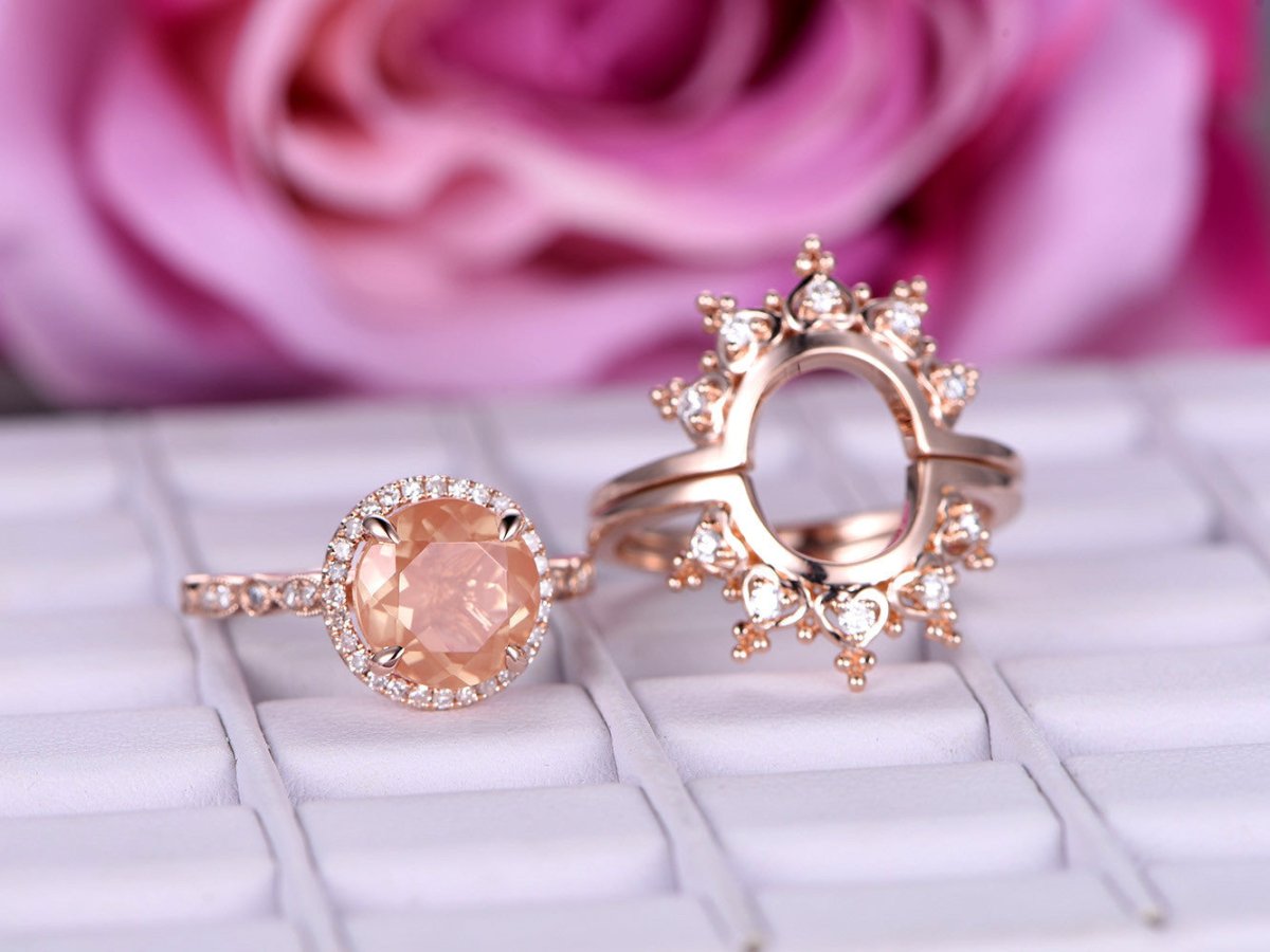 Reserved for Fdark: Matching Tiara Bands for Round Sunstone Engagement Ring, Moissanite Tiara Wedding 14K Rose Gold - Lord of Gem Rings