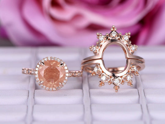 Reserved for Fdark: Matching Tiara Bands for Round Sunstone Engagement Ring, Moissanite Tiara Wedding 14K Rose Gold