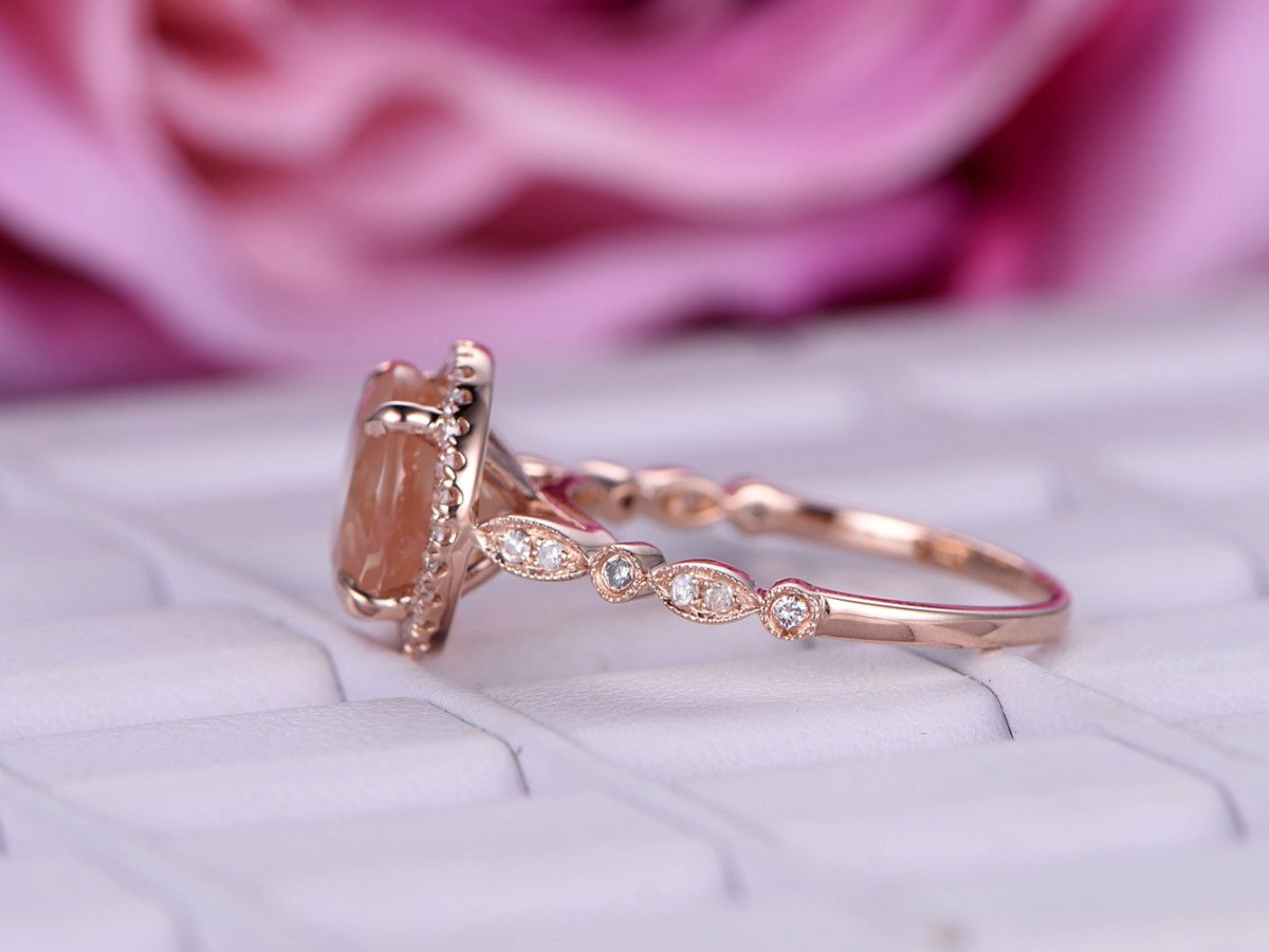 Reserved for Fdark- Round Sunstone Ring Diamond Art Deco Shank 14K Rose Gold 9mm - Lord of Gem Rings