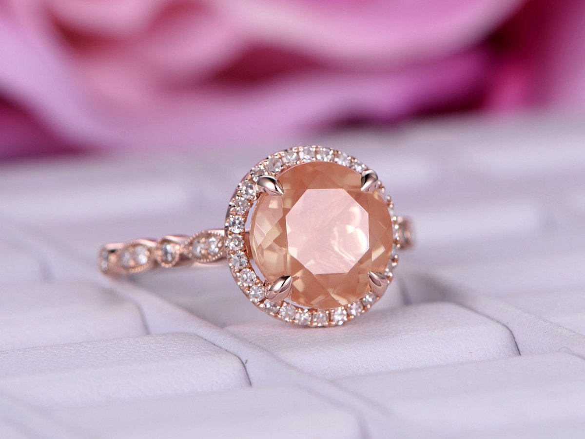 Reserved for Fdark- Round Sunstone Ring Diamond Art Deco Shank 14K Rose Gold 9mm - Lord of Gem Rings