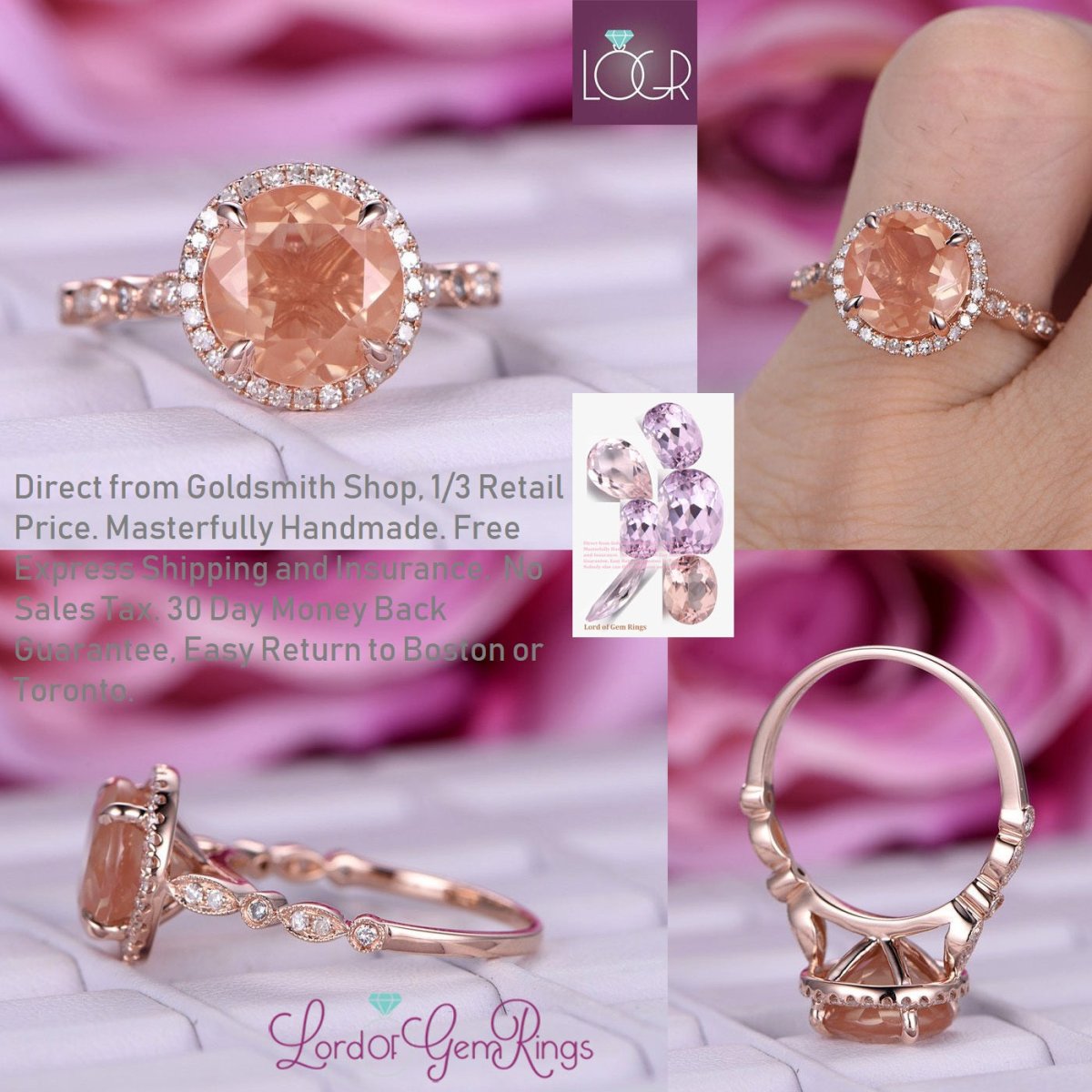 Reserved for Fdark- Round Sunstone Ring Diamond Art Deco Shank 14K Rose Gold 9mm - Lord of Gem Rings