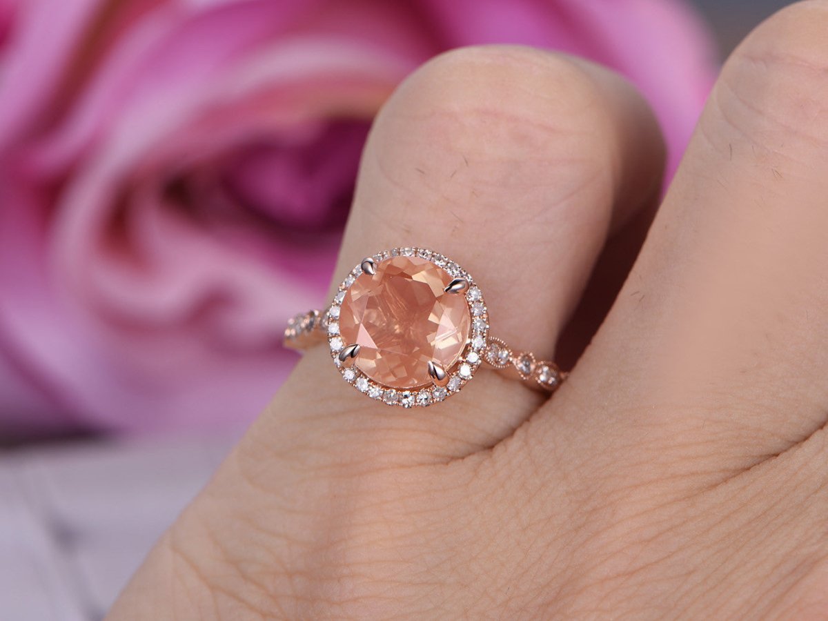 Reserved for Fdark- Round Sunstone Ring Diamond Art Deco Shank 14K Rose Gold 9mm - Lord of Gem Rings