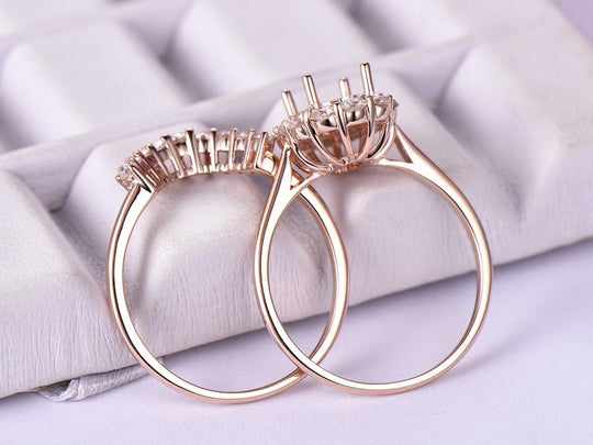 Reserved for GY: Morganite Ring Brial Sets Moissanite Halo Contour Wedding Band 14K Rose Gold Oval 7x9mm