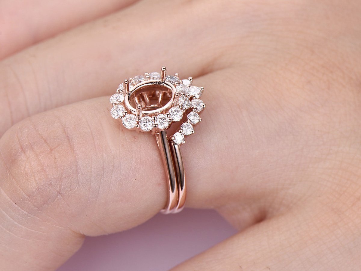 Reserved for GY: Morganite Ring Brial Sets Moissanite Halo Contour Wedding Band 14K Rose Gold Oval 7x9mm - Lord of Gem Rings
