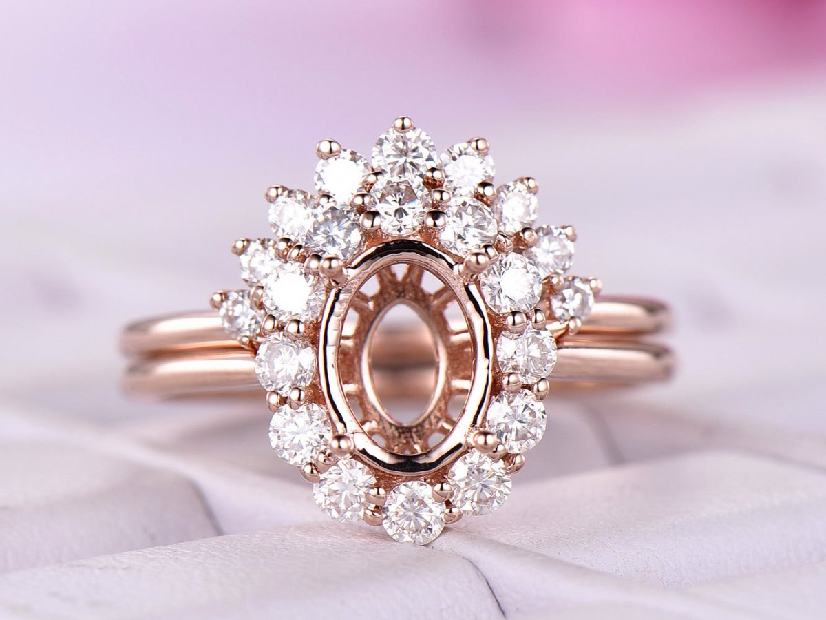Reserved for GY: Morganite Ring Brial Sets Moissanite Halo Contour Wedding Band 14K Rose Gold Oval 7x9mm - Lord of Gem Rings