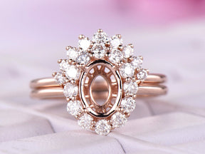 Reserved for GY: Morganite Ring Brial Sets Moissanite Halo Contour Wedding Band 14K Rose Gold Oval 7x9mm - Lord of Gem Rings