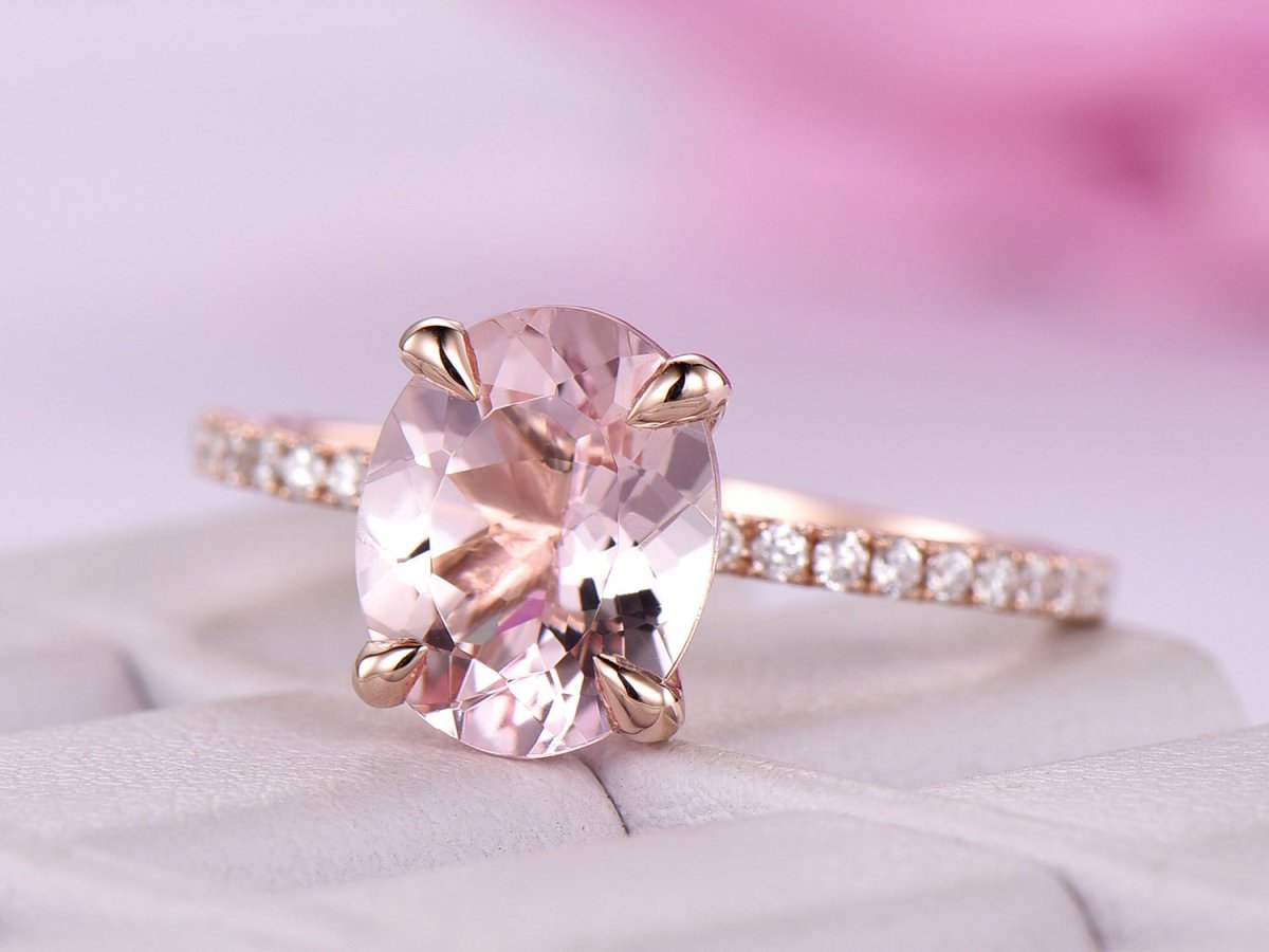 Reserved for GY- Oval Pinkish Peach Morganite Ring Pave Diamond Shank 14K Rose Gold 8x10mm - Lord of Gem Rings